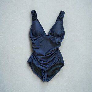 J Crew One Piece Swimsuit Womens Size 10 Navy Blue Ruched Tank Bathing Plunge